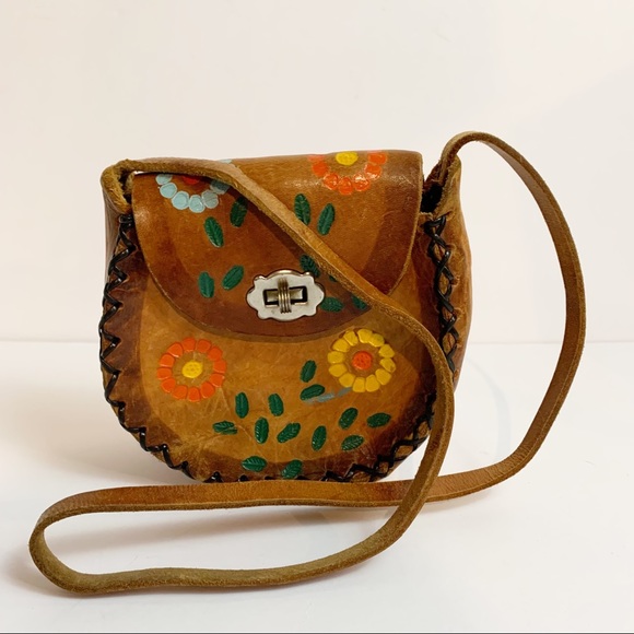 Tooled Leather Boho Hippie 70’s Small Flower Power Braided Purse Swivel Closure - Picture 13 of 13